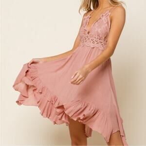 NEW FP FREE PEOPLE Mauve Blush Dusty Pink Adella Slip Dress Lace Mini Tank Top S